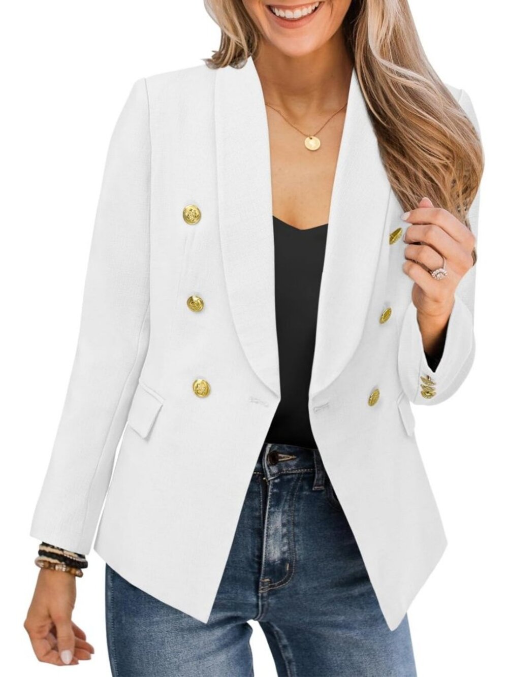 Chic Women's Casual Blazer Jacket with Gold Buttons, Long Sleeve Office Suit